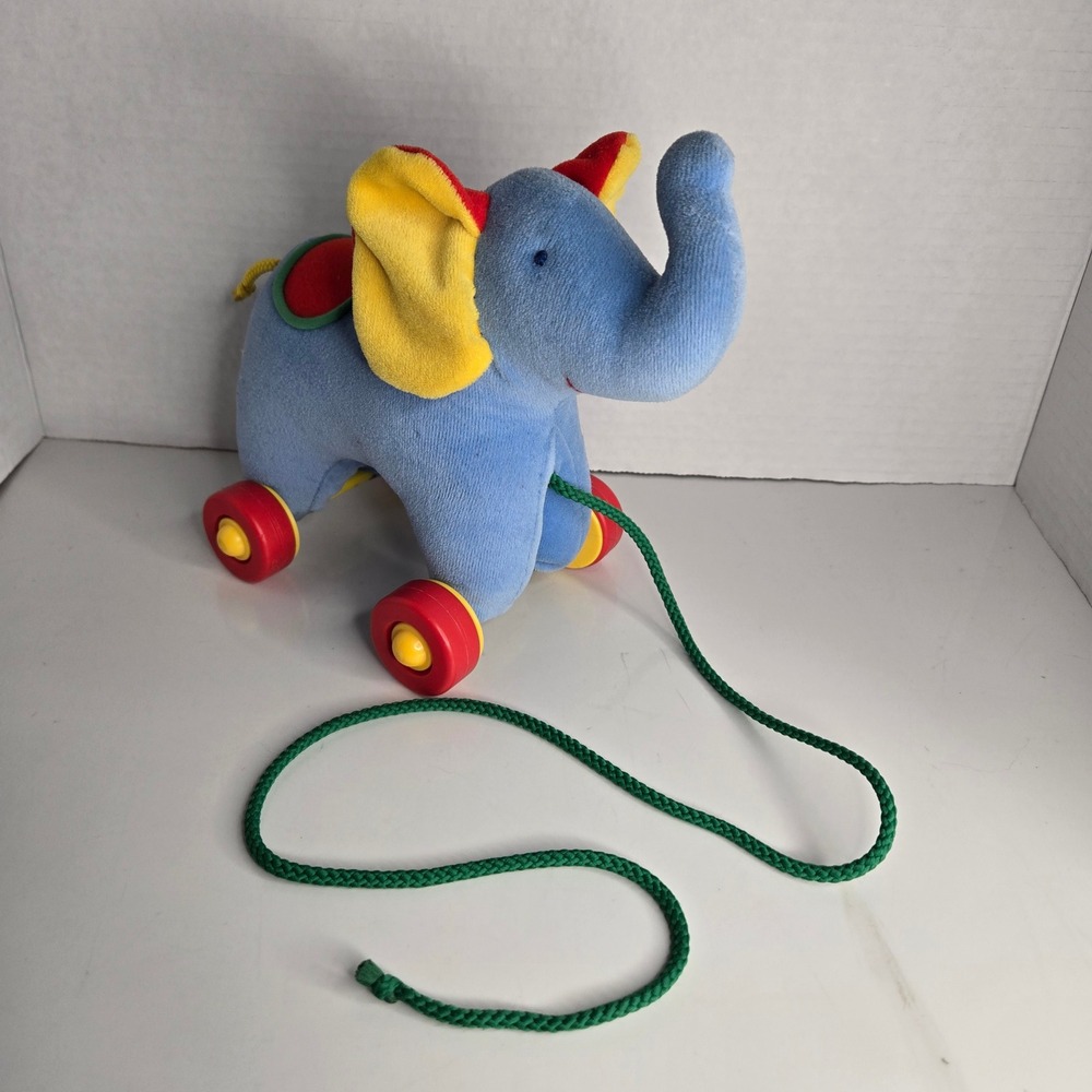 Eden Toys Elephant Blue Plush Pull Along Wheels Toy Stuffed Animal Circus